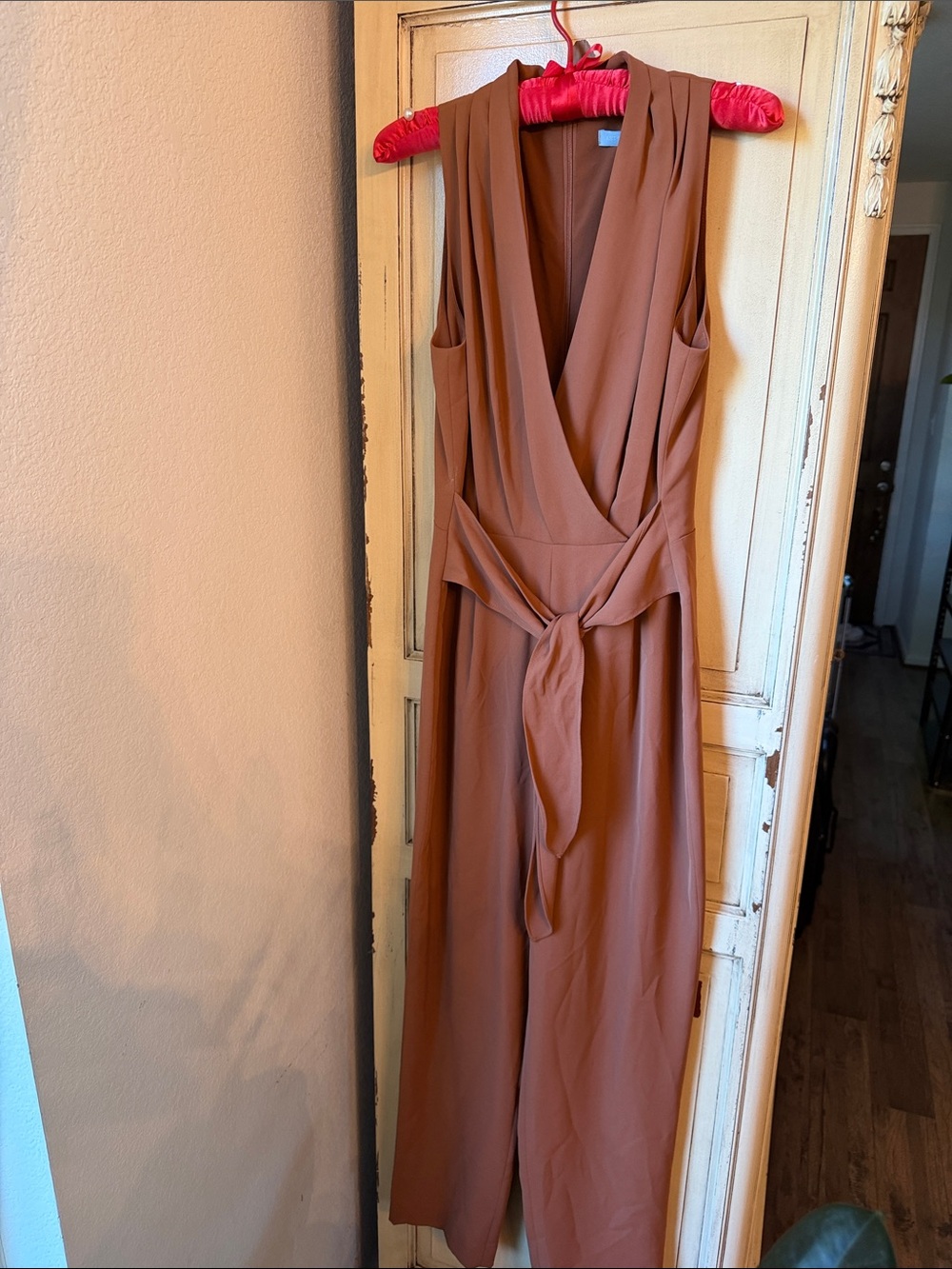 ANTONIO MELANI Sleeveless V-Neck Tie-Waist Jumpsuit in Rust